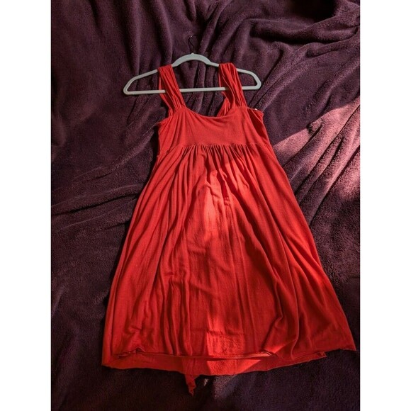 KISCHE Women's Mini Dress Stretch Ruched Empire Waist Sz M Solid Red Orange - Picture 5 of 7